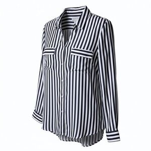 Coastal Striped Button Down Shirt M Soft Rayon Navy White Nautical Cruise Resort